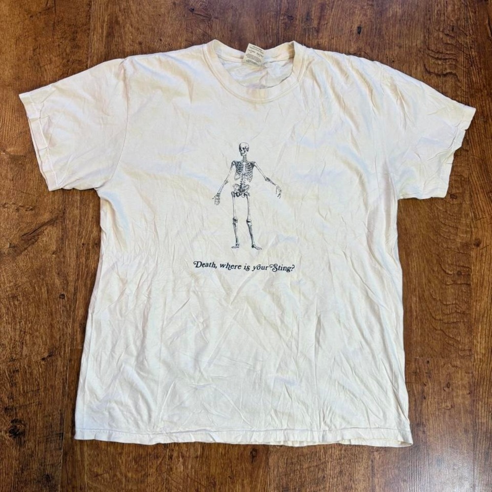 Comfort Colors cream skeleton Death, where is your sting? graphic tee